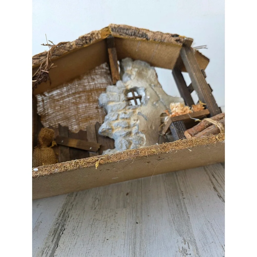 Stone wooden Nativity manger creche religious figurine display Xmas‎